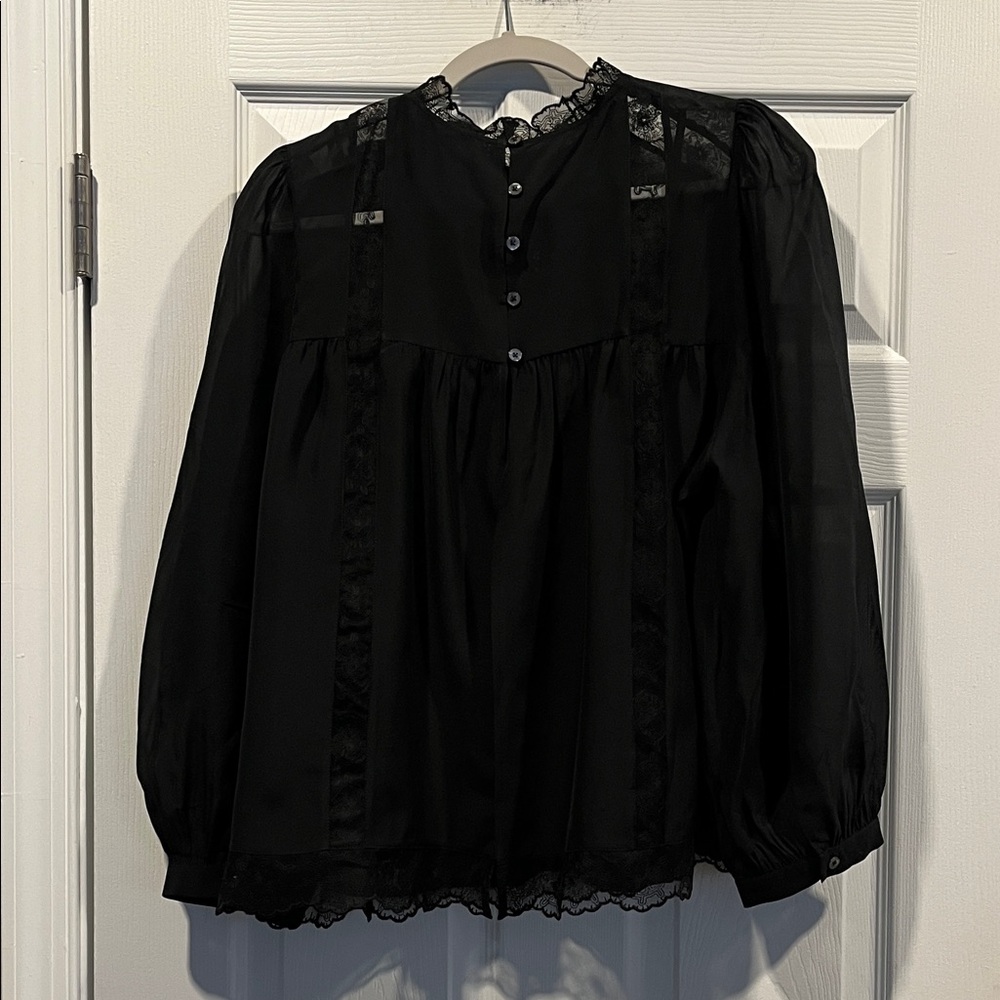 Madewell Silk Lace Inset Long Sleeve Black Top Delicate Intricate Romantic Flowy - Picture 8 of 16